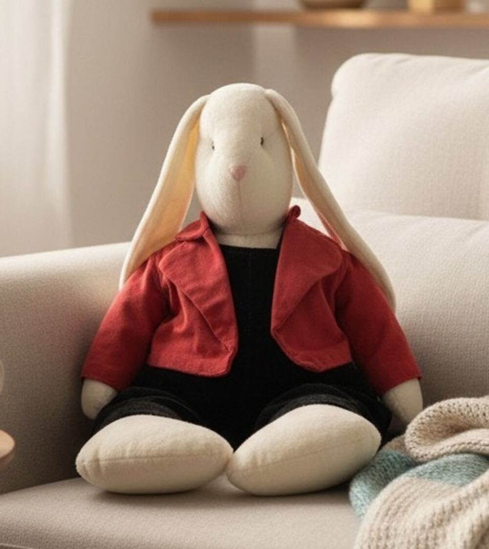 Vintage Homemade 26" Stuffed Bunny Rabbit Plush Black Overalls Red Jacket